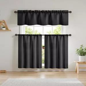 주방 거실 욕실 그늘 W27 x L36 인치 블랙을 위한 티어와 밸런스 로드 포켓 열 프라이버시 커튼이 있는