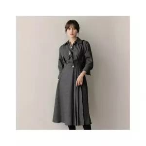 시크라인 ~XXL까지 오픈 카라 핀턱 밴딩 플리츠 체크 버튼 원피스 겨울 코디 오피스룩 하객룩 연말룩 모임