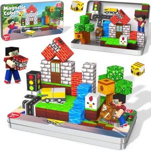 45개 여행용 마그네틱 블록 - 4~8세 어린이를 위한 미니 빌딩 휴대용 금속 상자로 장난감을 쌓는 자석 큐브