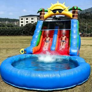 22.5피트 L 상업용 등급 워터 슬라이드 듀얼 레인 헤비 듀티 풀 PVC 대형 밀폐 물 1100w UL 송풍기