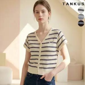 [탱커스] 여성 V넥 리본 자수 버튼업 반팔 숏 가디건