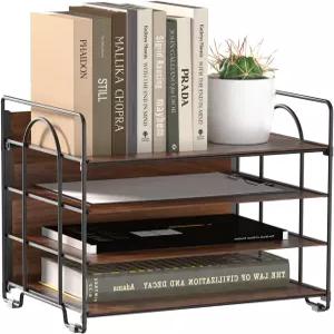 루시카즈 책상용 4단 종이 정리함 목재 금속 트레이 오피스 홈스쿨용 파일 블랙