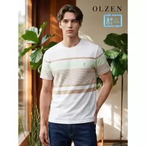 올젠 OLZEN 스트라이프 배색 라운드 티셔츠 (ZOE2TR1306) 513046