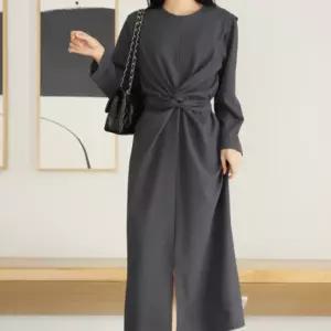 여자 가을 하객 모임 허리꼬임 라운드 절개 롱원피스_3