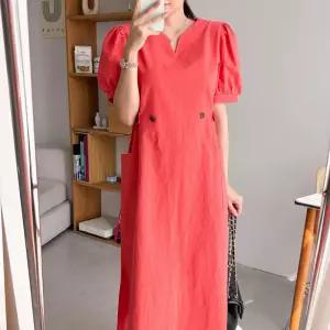 여자 린넨원피스 브이컷 퍼프 포켓 비조 남색 롱원피스_3