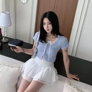 여성 러블리 레이스 리본 레이어드 버튼 크롭 반팔 티셔츠