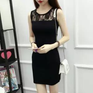 여자 라운드넥 레이스 시스루 민소매 파티 원피스