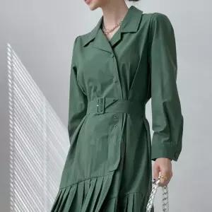 여자 트렌치 셔츠핏 플리츠 벨트 긴팔 가을 롱원피스