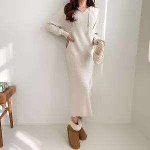 여자 겨울 데일리 후드 일자핏 골지 니트 롱원피스