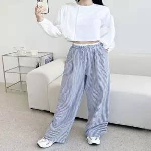 데일리 여자 시어서커 코튼스트라이프 와이드밴딩바지