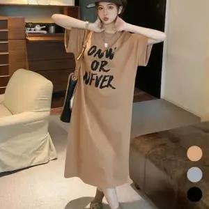여자 영문 레터링 포인트 롱 옆트임 반팔 원피스