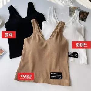 크롭탑나시 골지 슬림핏 민소매 브라탑 런닝 캡내장 WWd7+5nEW