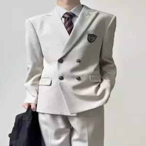 엘럽 남성 베이지색 양복 칼라 상의 바느질 더블 코트 정장 재킷 봄가을 원템3