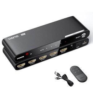 [미국배송] LLANO HDMI 2.1 스위치 4K@120HZ 스위처(광학 및 3.5MM 출력 SPDIF 7.1CH 고속 48GBPS) PS4 / PS5 XBOX ROKU와 호환되는 4-IN-1 OUT 오디오 컨버터(블랙)