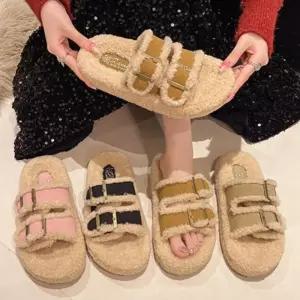여성 더블 버클 벨티드 퍼 슬리퍼 겨울 따뜻한 신발 양털슬리퍼 버켄슬리퍼