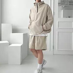 남성 코디세트 후드 반집업 긴팔 반바지 나일론재질 바람막이 조거팬츠