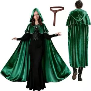 여성 및 남성 호빗 할로윈 의상을 위한 빈티지 벨트 중세 망토가 있는 니우루이 르네상스 후드