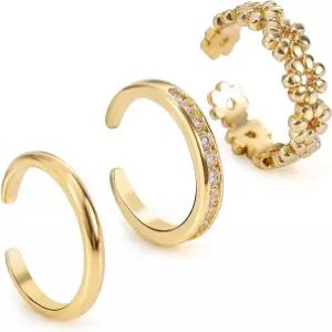 미코비비 3pcs 골드 토링 오픈 조절 가능한 구리 세트 플라워 다이아몬드 플레인 풋 여름 비치 주얼리