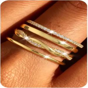 여성용 플로리데코 14K 금도금 스태커블 링 비타니시 앙티 큐빅 지르코니아 세트 미니멀리스트 웨딩 밴드