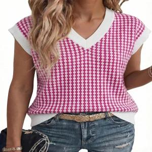 도코투 여성 캐주얼 여름 상의 브이넥 반팔 체크 니트 조끼 루즈핏 풀오버 스웨터 블라우스