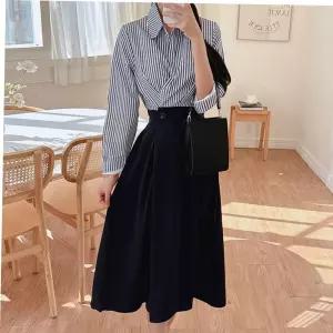 여자원피스 스트라이프 카라 셔츠 플레어 스커트 투피스st 원피스