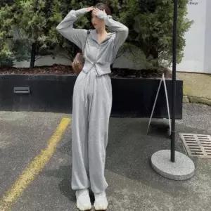여성 크롭 후드 집업 조거 와이드 트레이닝 팬츠 셋업