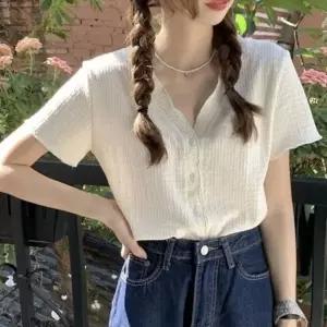 여자 여름 브이넥 블랙 셔츠 가디건 반팔 블라우스