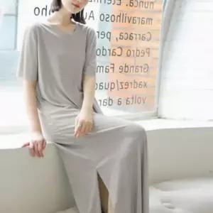 여성 여름 아이스 쿨링 브이넥 트임 반팔 롱 원피스