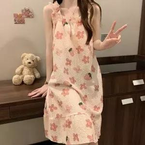 여성 플라워프루트 캡내장 나시 원피스 파자마 수면 잠옷