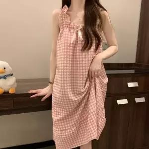 여성 체크 리본 캡내장 나시 원피스 파자마 수면 잠옷