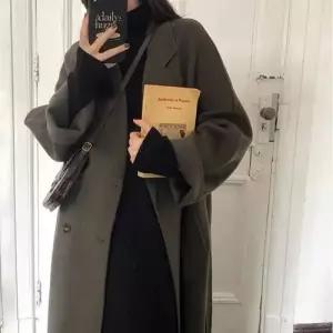 검정 여성용 모직 울 가을 트렌디 아이템 코트 리버시블 더블 벨트 슬림핏 빅사이즈 겨 HT4