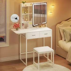 거울과 조명이 있는 HUAU 베니티 데스크 패브릭 수납 서랍과 숨겨진 선반이 작은 접이식 패널과 전원