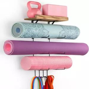 비네모 요가 매트 홀더 액세서리 벽걸이 정리함 보관 장식 폼 롤러 및 수건 랙 후크 4개와 나무 선반 저항