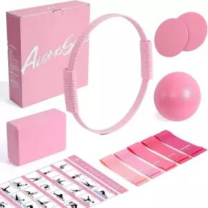 여성용 롱송 필라테스 키트 5개의 저항 밴드가 있는 13.7인치 실리콘 링 요가 볼 1개 블록 코어 슬라이더