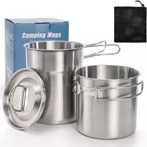 나그퓨 2피스 스테인리스 스틸 캠핑 컵 수납 가방이 있는 스태커블 머그컵 접이식 손잡이 통풍 뚜껑 커피