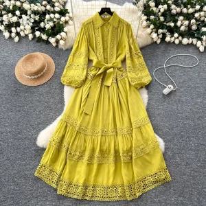 여성 원피스 치마 빈티지 롱 궁중풍 패치 우아 슬림핏 프렌치 허리끈 레이스 벌룬소매 원픽1