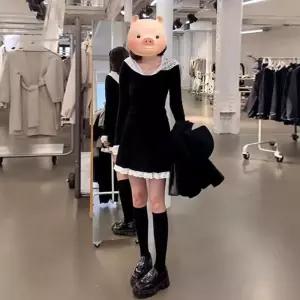 원피스 스커트 검정 여성 가을 레이어드 레이스 프렌치 패치 후드 허리 A라인 원픽3