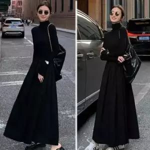 [옷은날개] 여자 긴팔 목티 플레어 롱 원피스 코디 검정 드레스