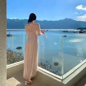 원피스 가을 여성 슬림 바캉스 프렌치 비치 브이넥 쉬폰 롱스커트 원픽3