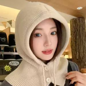 여성 부드러운 니트 소재 페이크 후드 단추 넥워머 faN8+3ZbI