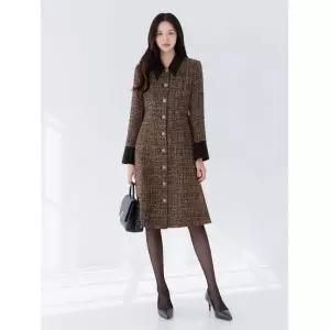 시크라인 ~XXL까지 플랫 카라 배색 소매 진주 장식 트위드 원피스 겨울 오피스룩 하객룩 연말룩 모임룩 파