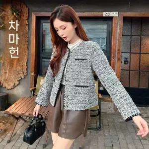 여자코트 하프 프렌치 코트 그레이 트위드 라운드 쇼트 톱 원템1