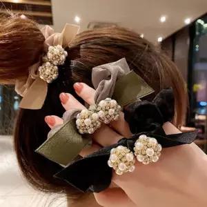 진주 원형 볼 포인트 예쁜 쉬폰 곱창 헤어슈슈 헤어끈