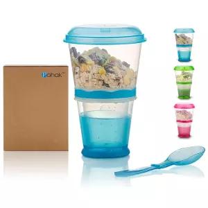 OVOY 시리얼 온 더 고 컵 아침 음료 휴대용 요거트 및 테이크아웃 용기 블루