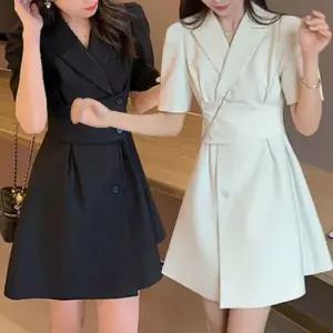 [하프클럽/]여자 하객룩 사선 더블버튼 카라 미니원피스