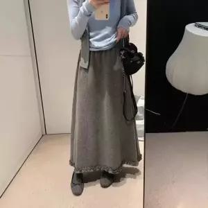 겨울 캐주얼 스커트 여성용 롱 모직 트렌디 아이템 정장 기모 허리밴딩 슬림핏 A라인 HT4