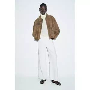 ZARA 100% 가죽 봄버 재킷 - 카키