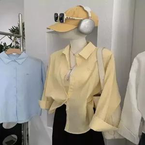 미니코코네 여사친 미디 셔츠 블라우스 투톤 하트 자수 터틀넥 싱글 긴팔 얇은 자외선 차단 탑 DOS1