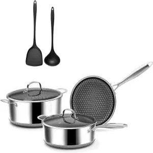 뚜껑 냄비 및 팬이 포함된 7피스 5겹 스테인리스 스틸 조리기구 세트 인덕션 오븐 식기세척기 안전 RV