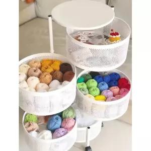 뜨개실 수납함 트롤리 이동식 철제 보관함 정리대 원형 흰색 바구니 다용도 화이트 바퀴